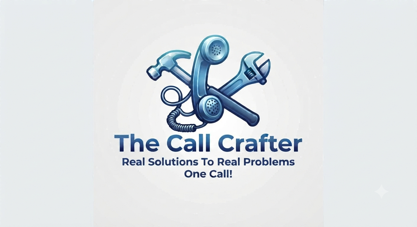 The Call Crafter logo — crossed hammer, wrench, and glossy blue phone handset mark above the blue gradient wordmark 'The Call Crafter' and the tagline 'Real Solutions to Real Problems... One Call!' on a light background
